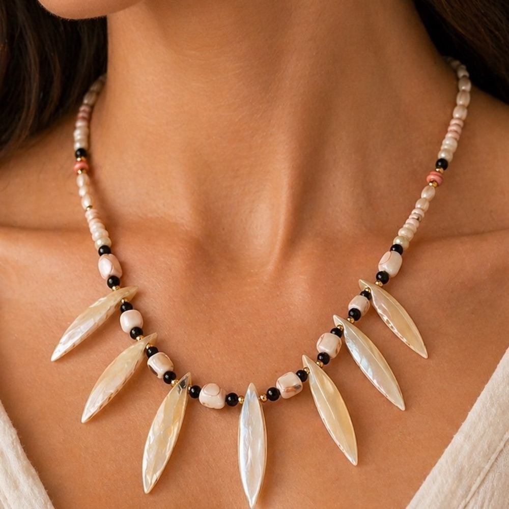 Hand Crafted Faux Shell Fringe Statement Necklace Cream Black Coastal Boho